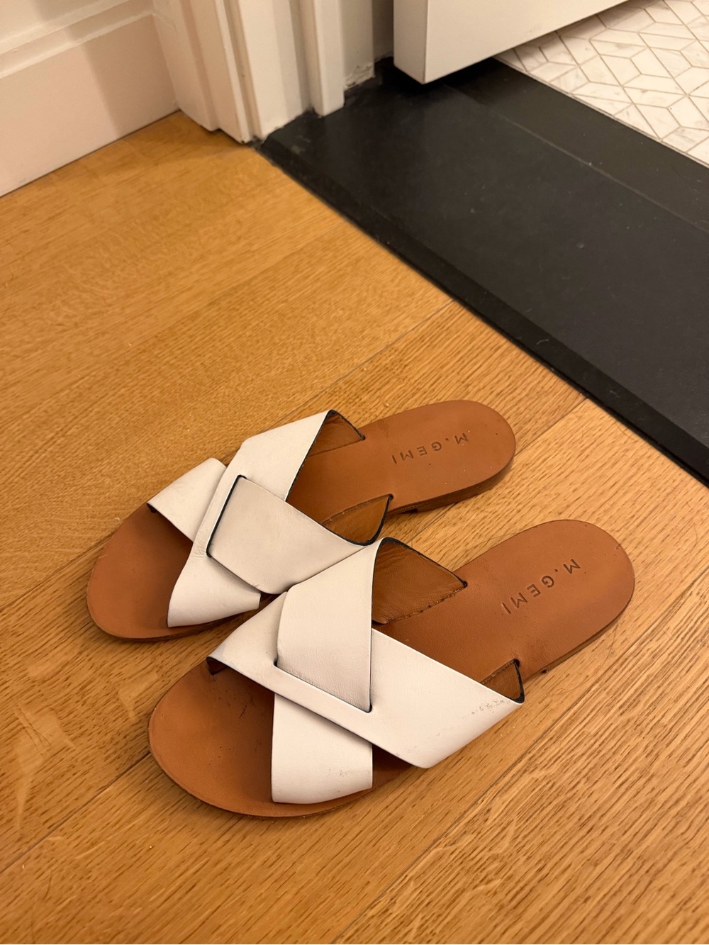 M. Gemi White Leather Crisscross Slide Sandals with Tan Footbed